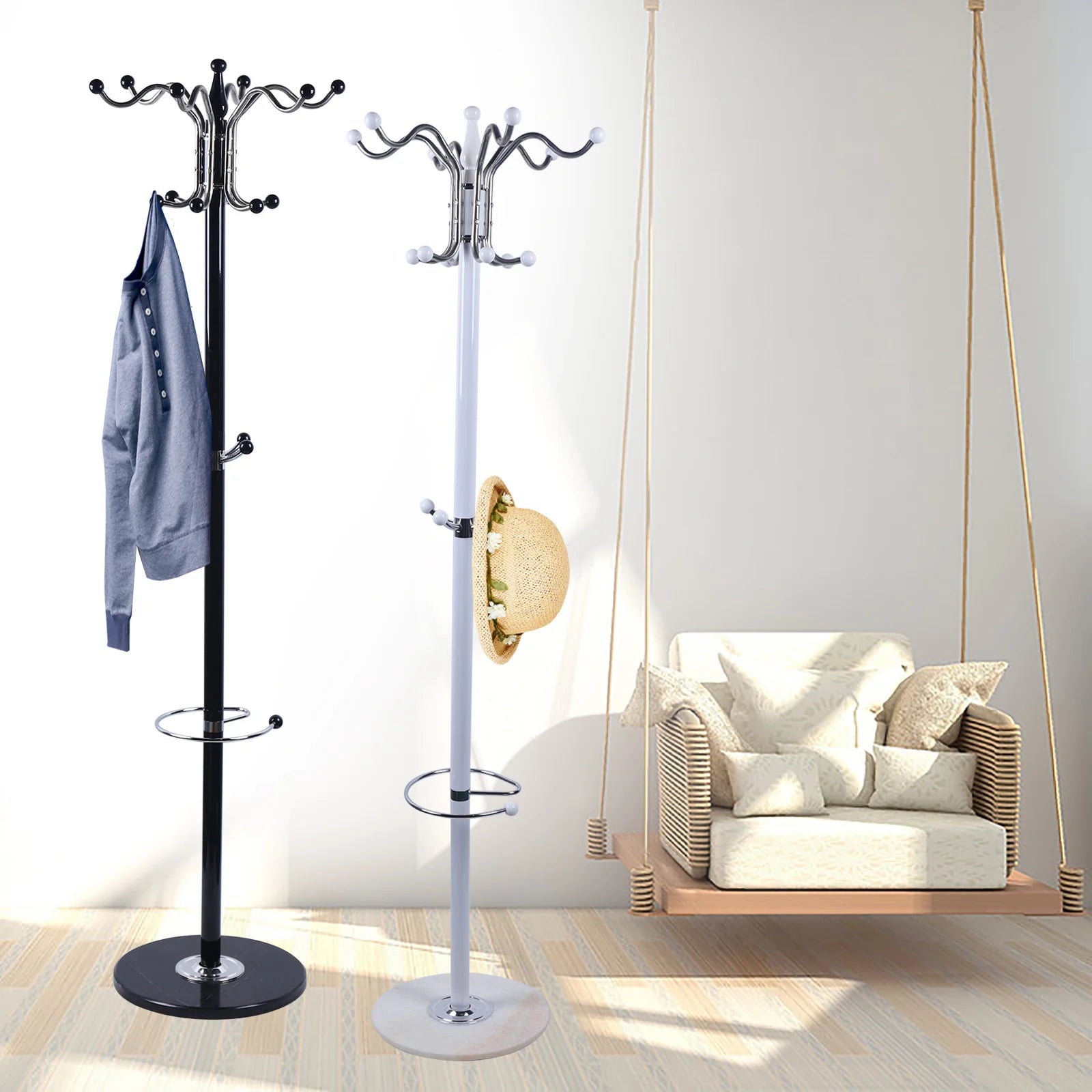 16 hooks 67" metal coat tree with marble base - Your Choice Central