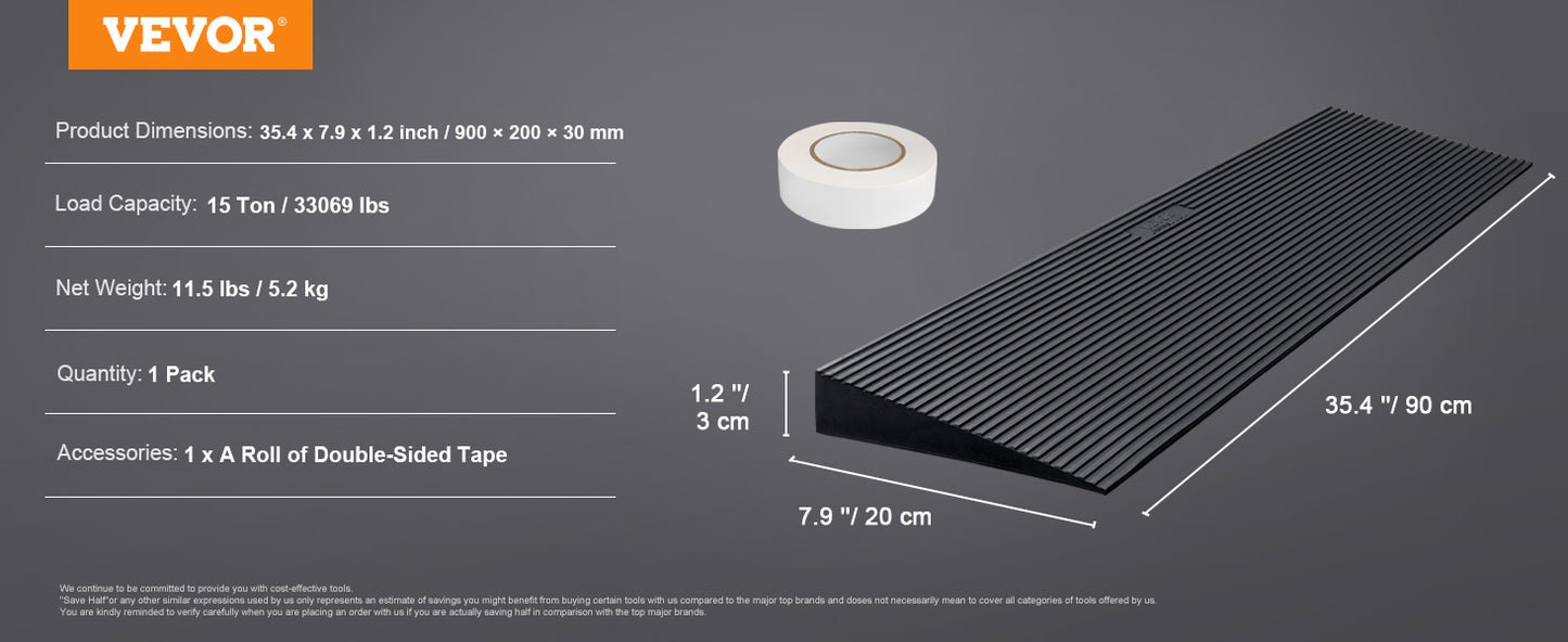 VEVOR 1.2" Rise Threshold Ramp Cuttable solid Natural Rubber for Doorways Driveways ect. - Your Choice Central
